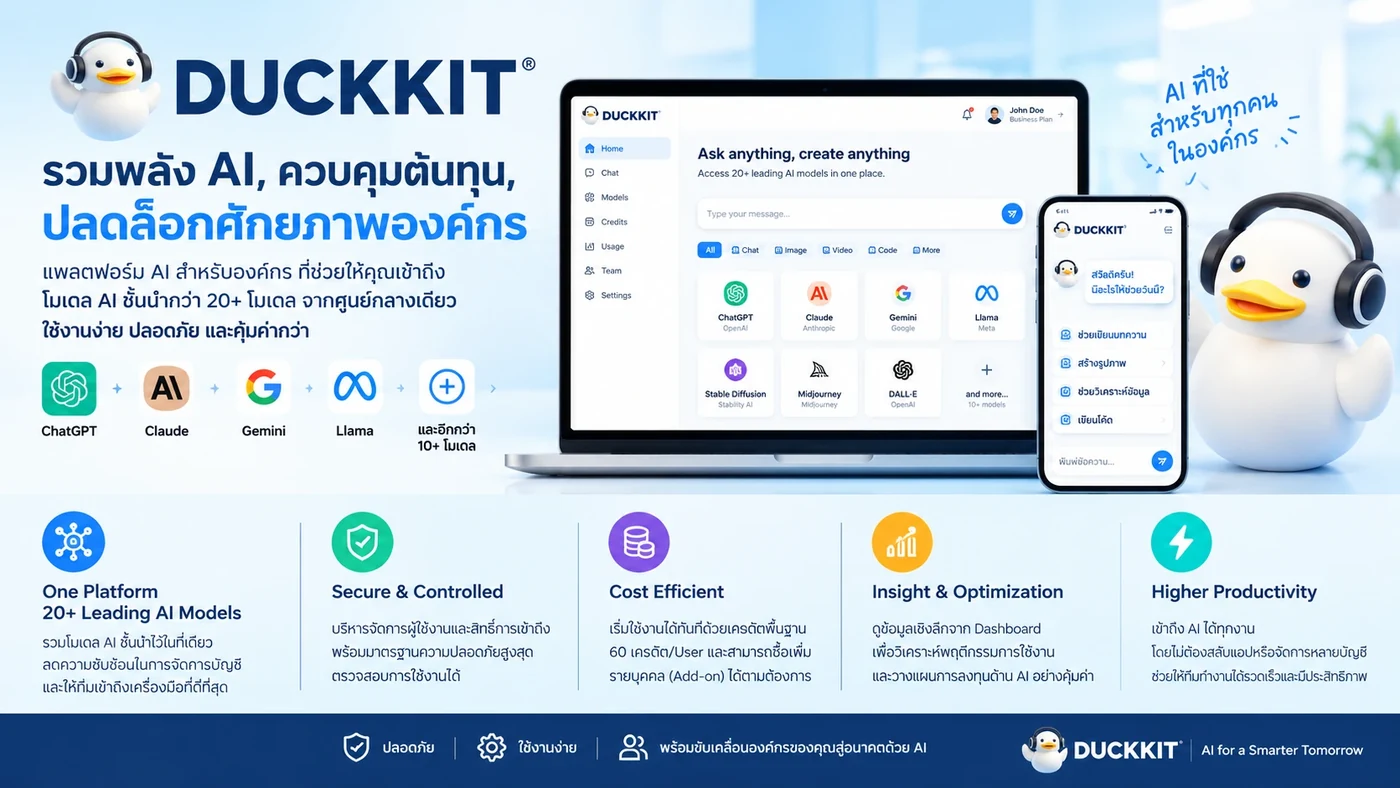DuckKit AI Portal รวมพลัง AI ควบคุมต้นทุน ปลดล็อกศักยภาพองค์กร: หนึ่งแพลตฟอร์ม ปลอดภัย คุ้มค่า