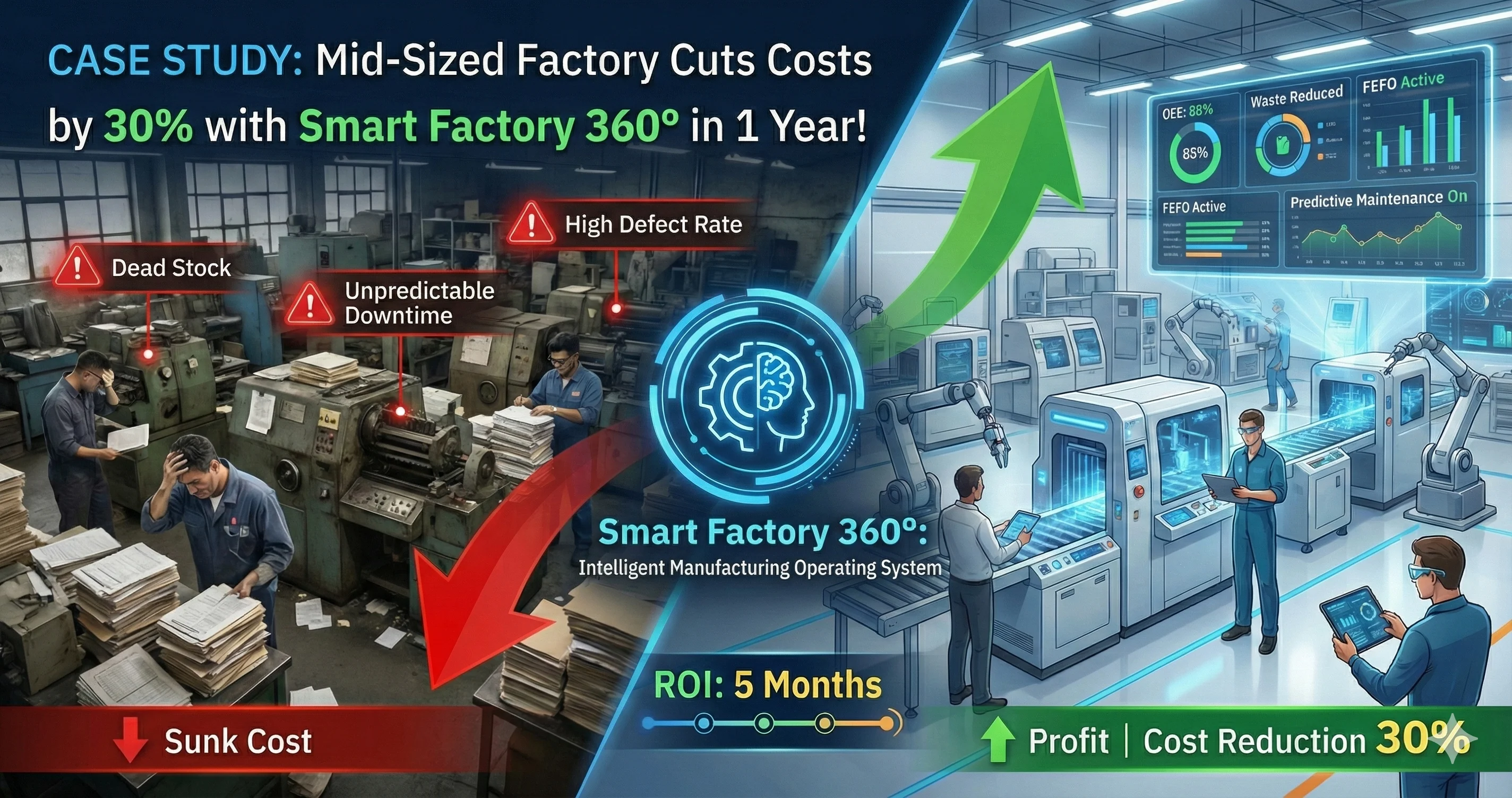 กราฟิก Case Study ก่อน-หลังใช้ Smart Factory 360° ลดต้นทุน 30% คืนทุนใน 5 เดือน แก้ปัญหา Stock และการผลิต