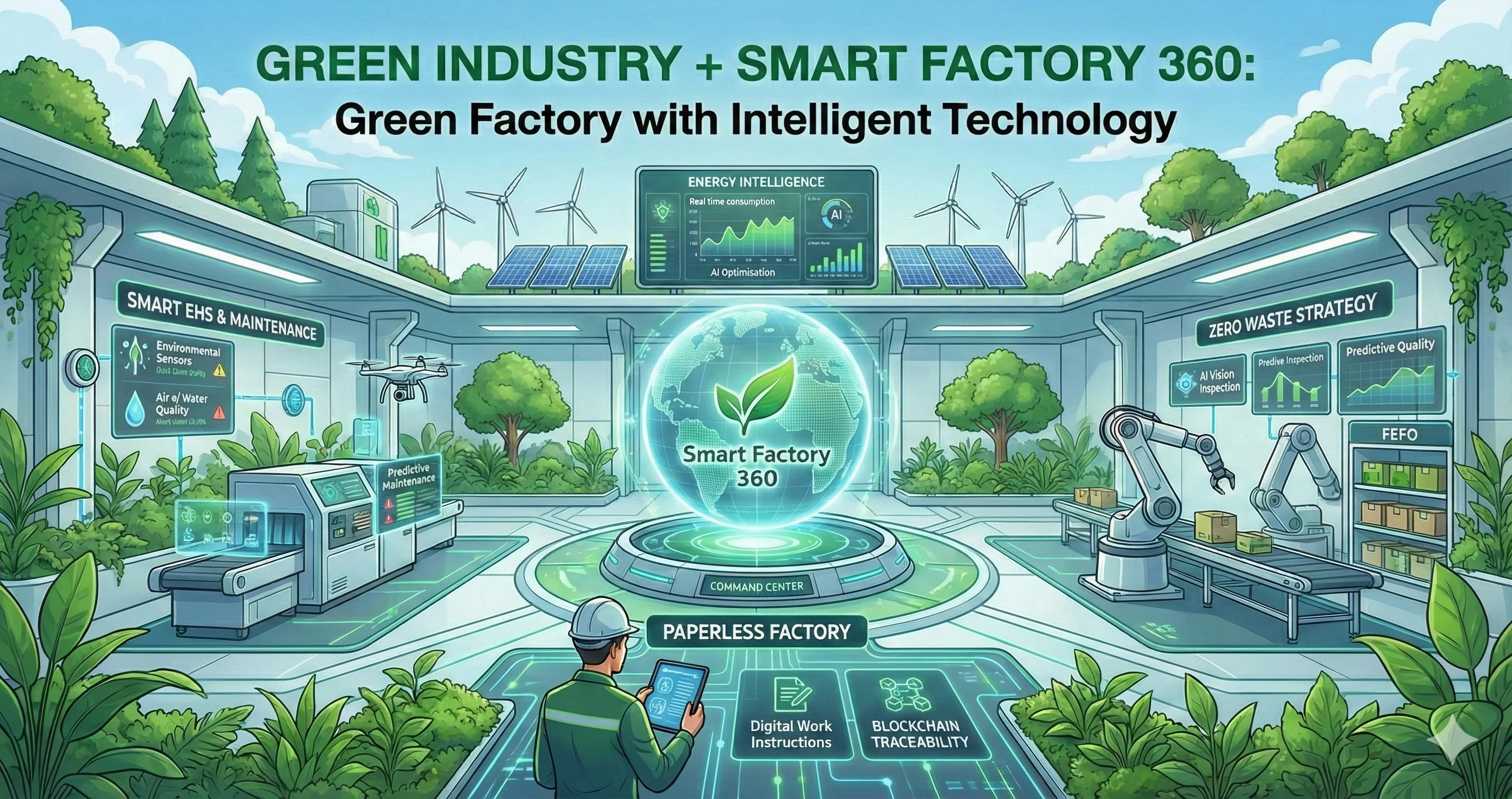ภาพจำลองโรงงาน Smart Factory 360 ผสานเทคโนโลยี AI และ IoT เข้ากับพื้นที่สีเขียวและพลังงานสะอาดเพื่อความยั่งยืน