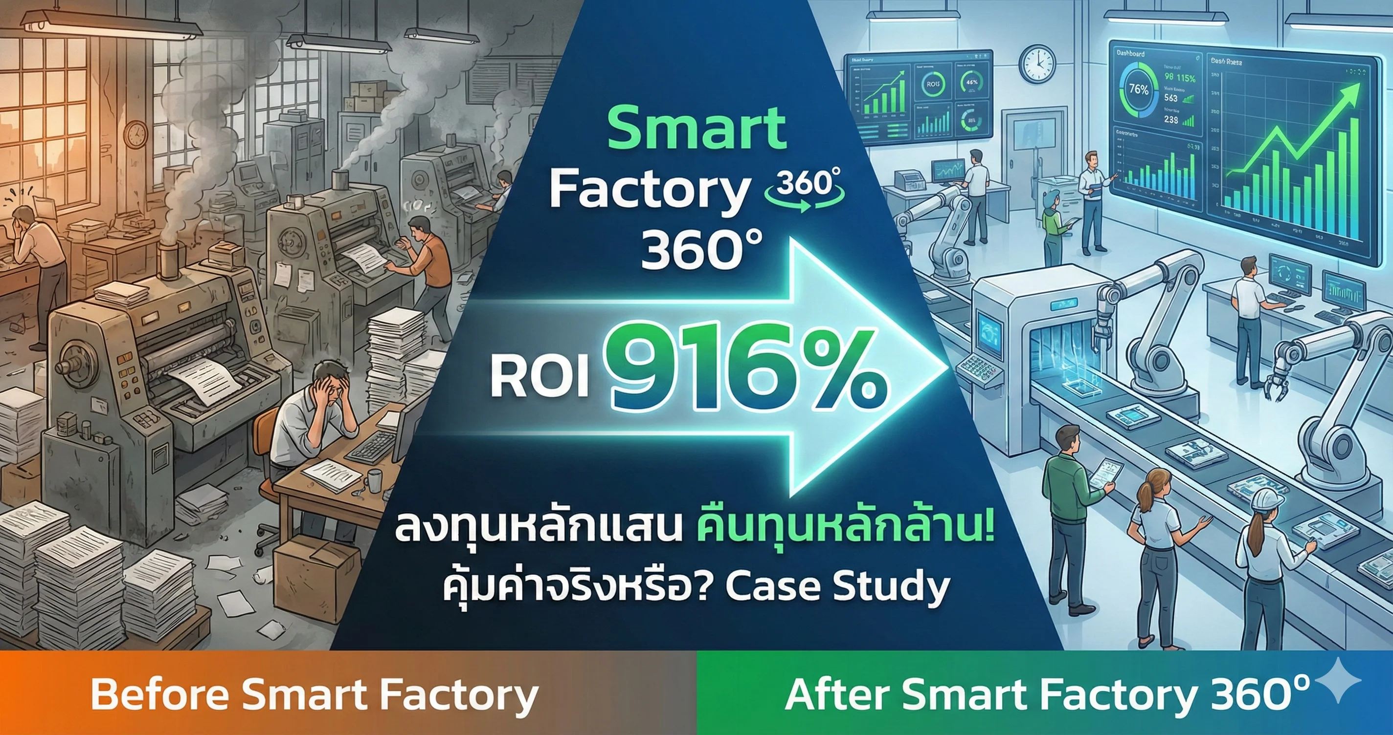 Comparison of chaotic traditional factory vs modern Smart Factory 360 with automation and digital dashboards, highlighting 91